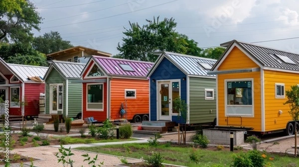 Fototapeta series of tiny homes in a community, each featuring colorful aluminum siding, focusing on sustainable living and modern aesthetics
