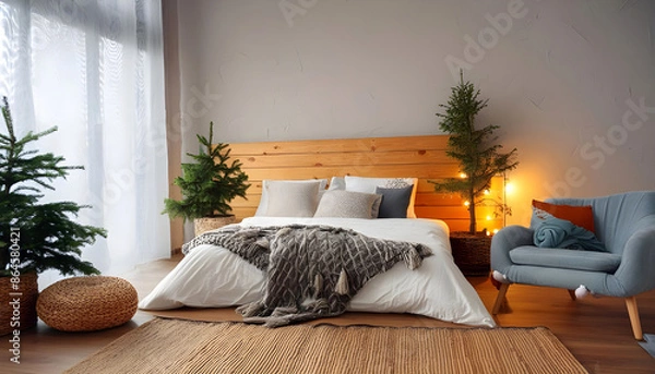 Fototapeta Aesthetic composition of stylish bedroom interior with mock up poster frame, cozy bed, braided pouf, rack, gray armchair, vase with leaves, plaid and personal accessories. Home decor. Template.