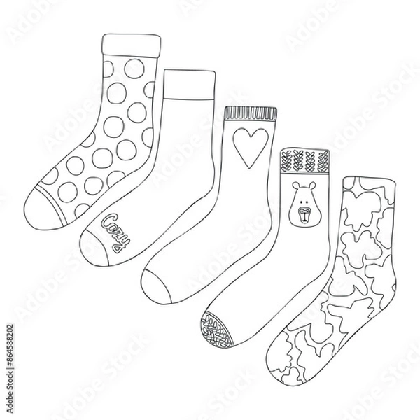 Fototapeta Collection of cute doodle socks in a naive style. Coloring book. Simple sketchy doodle style.