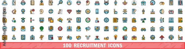 Fototapeta 100 recruitment icons set. Color line set of recruitment vector icons thin line color flat on white