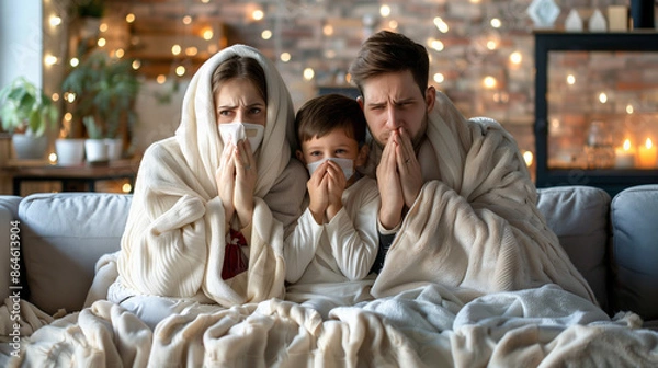 Obraz Young sick family wrapped in blankets sitting on sofa at home sneezing suffering from runny nose and feeling unhealthy with influenza or seasonal flu or cold. Family health and medicine concept.