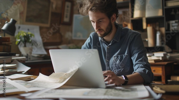 Fototapeta Portrait of professional cartographer looking at laptop monitor screen, working with printed cadastral map at table on workplace. Young man analyzing cadastral map searching for building plot.