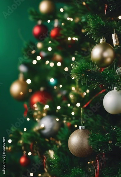 Fototapeta Christmas Tree Decorated With Ornaments on Green Background