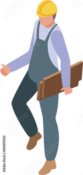 Fototapeta Construction worker wearing overalls and a hardhat is walking while carrying wooden planks