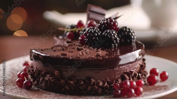 Fototapeta A rich and decadent chocolate cake adorned with a layer of tangy wild berry jam.
