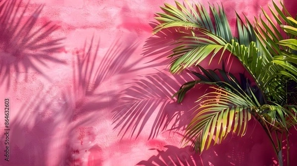 Fototapeta Palm leaves casting intricate shadows on a vibrant pink wall, creating a modern and tropical decor scene