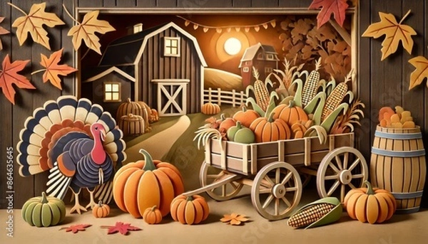 Fototapeta Festive Thanksgiving Scene in Paper Style with Wagon and Pumpkins