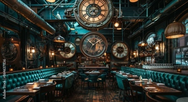 Obraz Ornate Bar Interior With Vintage Clock and Plush Seating