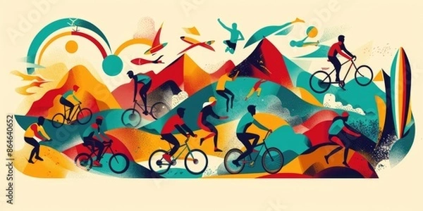 Obraz a graphic representation of the disciplines of the Summer Olympic Games, football, swimming, volleyball, cycling, gymnastics, canoeing in France