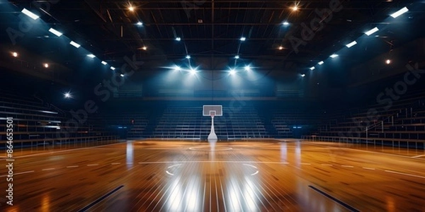 Fototapeta An empty basketball court glowing with spotlights, ready for the game to start.

