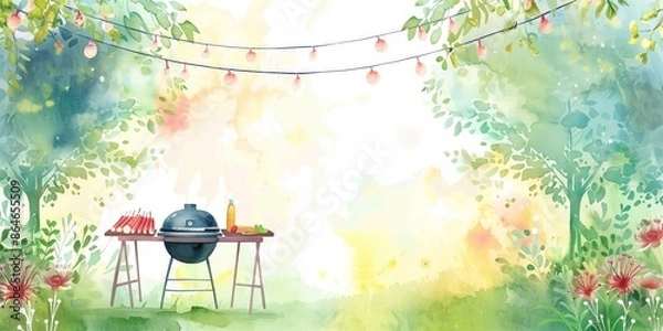 Fototapeta A watercolor painting of a backyard barbecue with a grill, a table, having a barbecue, bbq, illustrations, summer activities.	