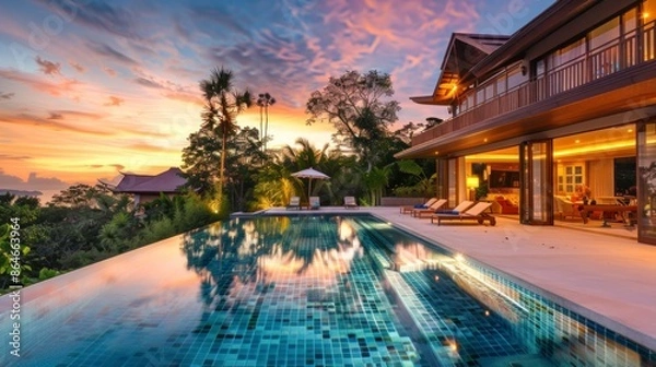 Obraz beautiful mansion with a large pool and palm trees on a sunset