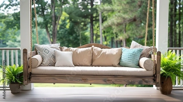 Obraz Beautiful wooden front porch swing with comfortable pillows
