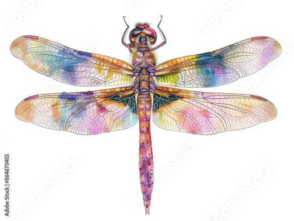 Fototapeta Watercolor Dragonfly Illustration with Detailed Wings and Colorful Patterns