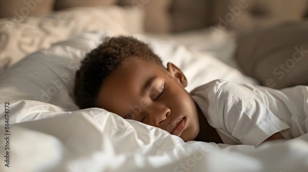 Obraz Cute African American little boy sleeping soundly in his nice warm bed with white sheets and pillowcase in the morning.