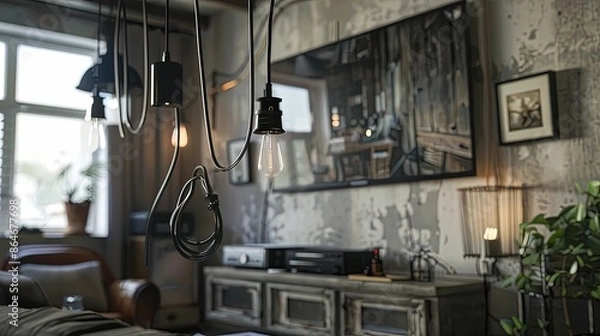 Fototapeta A cables are hanging in the room roof UHD wallpaper