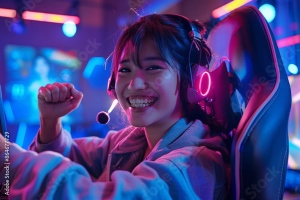 Obraz Excited young woman gamer wearing a headset and celebrating victory while playing video game. Woman enjoying esports and competition.