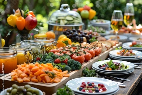 Fototapeta Delicious and healthy buffet table with fresh fruits, vegetables, and salads.  Concept of vegetarian, vegan, organic, healthy eating, and a party in nature.