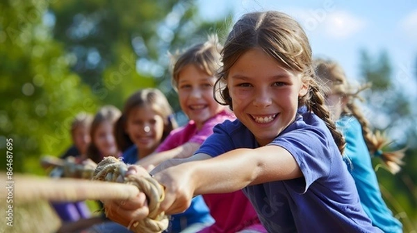 Obraz Kids play tug of war in sunny park. Summer outdoor fun activity. Group of mixed race children pull rope in school sports day. Healthy outdoor game for little boy and girl.