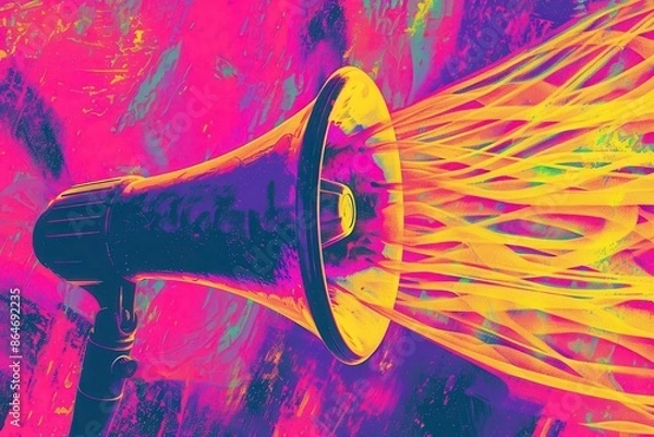 Obraz vintage megaphone emitting vibrant sound waves against a psychedelic swirl of neon pink and yellow with grainy texture and bold retro typography