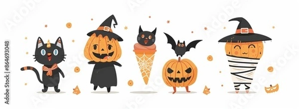 Fototapeta ハロウィンのかぼちゃと黒猫のイラスト