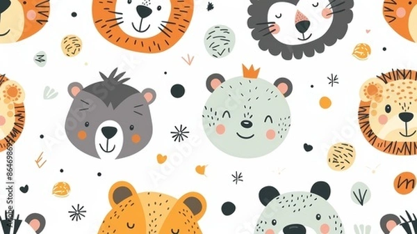Fototapeta Cute seamless pattern with cartoon animal faces, perfect for kids' products and fabrics.