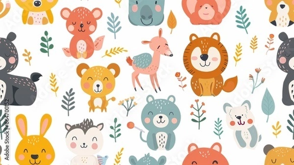 Fototapeta Cute animal seamless pattern with various animal characters and floral elements on white background.