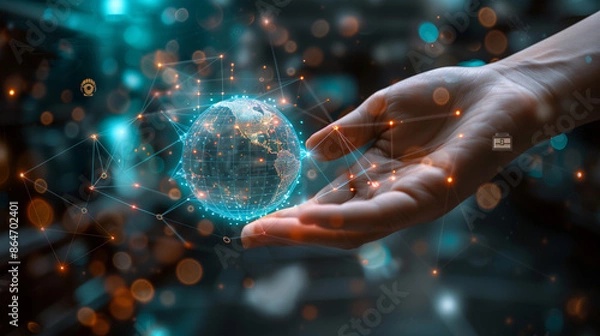 Fototapeta Unrecognizable businessman holding a hologram of earth, with logos of cryptocurrencies, dollars, digital currencies on a futuristic background.