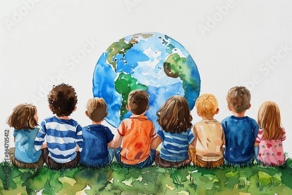 Obraz A group of children sitting on the grass, looking at planet Earth from behind
