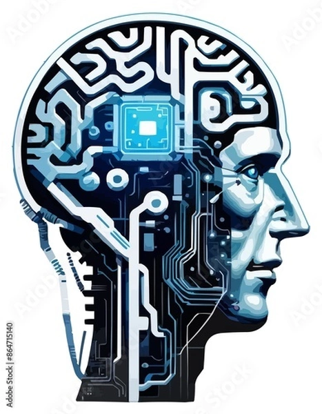 Obraz an electronic modern human brain illustration isolated on plain white background for design template, Generative AI