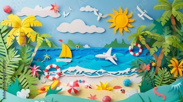 Fototapeta Three-dimensional paper art, seaside atmosphere with beach chairs, coconut trees, clouds, sandy beach.