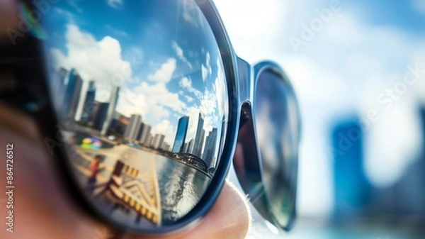 Obraz サングラスに映る夕暮れの都市景観