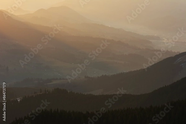 Fototapeta Dawn in the Ukrainian Carpathians with fog on the mountain slopes