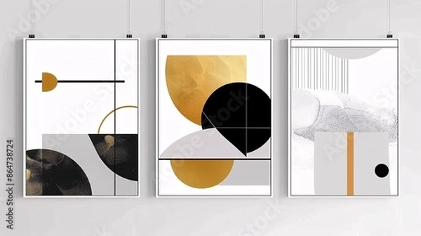 Fototapeta Three minimalistic abstract art posters arranged horizontally on a white wall. The posters showcase bold lines and basic shapes in contrasting colors of black, white, and gold, creating a striking