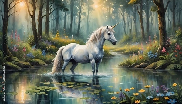 Obraz Magic white serene Unicorn in the river with wildflowers amid a mythical forest at dawn, Generative AI