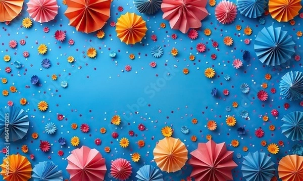 Fototapeta usa federal holiday banner design flat lay composition with american flag color paper fans and firework rockets on white background happy independence day presidents day labor day.photo stock