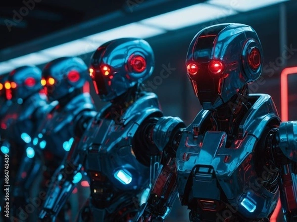 Fototapeta Holographic futuristic robots - blue, red, black - advanced Industrial technology.