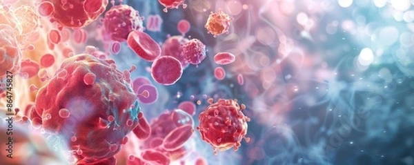 Obraz Microscopic view of cancer cells surrounded by red blood cells. 3D rendering of cancer cell growth and proliferation. Medical illustration of malignant tumor.