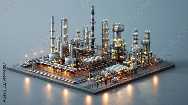 Obraz Isometric Illustration of an Illuminated Oil Refinery at Night