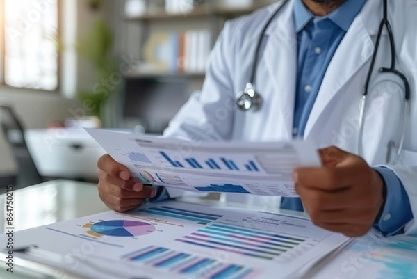 Fototapeta Medical professional explaining clinical trial results with comprehensive charts, research progress