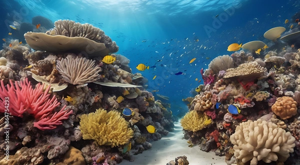 Fototapeta The diverse ecosystem of a coral reef, showcasing vibrant marine life and the intricate details of the underwater environment

