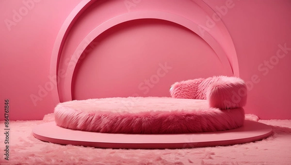 Fototapeta A pink fuzzy loveseat on a pink platform against a pink background with pink arches.