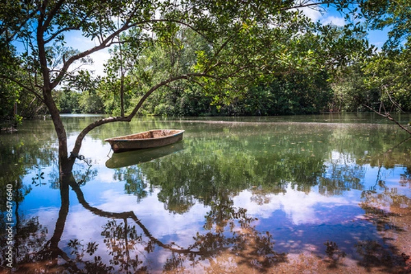 Fototapeta Tranquil Serene Reflections on the island of Pulau Ubin, Singapore. Tropical Beauty Background with Picturesque Copy Space.