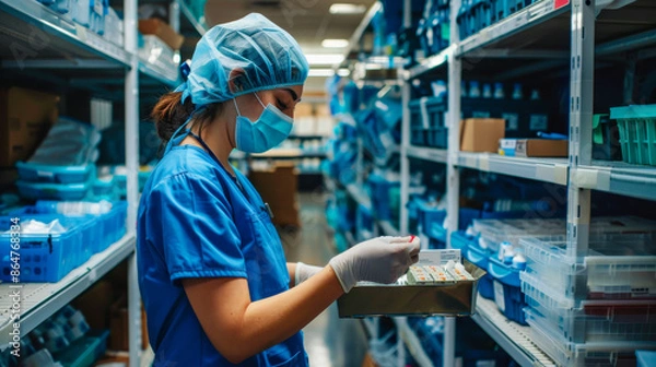 Obraz Healthcare Professional Organizing Medical Supplies. A healthcare professional in blue uniform and mask organizes medical supplies in storage room, ensuring availability management of essential items.