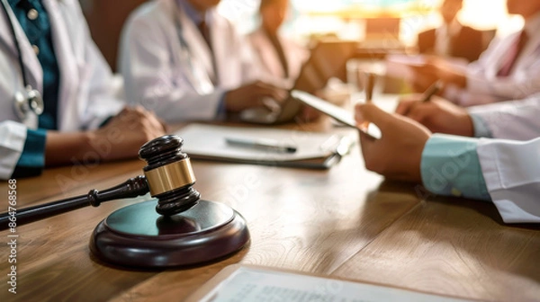 Obraz Medical Team in Conference Room with Gavel. A group of medical professionals in a conference room, engaged in discussion with a focus on a gavel, symbolizing medical law and ethics.