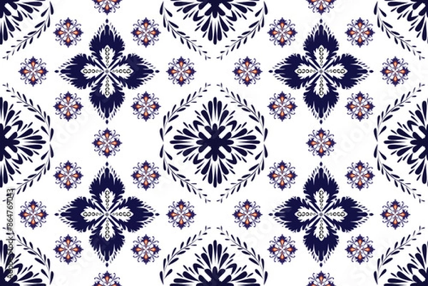 Obraz Seamless retro tribal fabric pattern with white background, blue pattern, use for textile or background image.