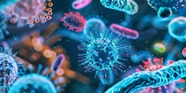 Fototapeta Different types of microorganisms under a microscope in Macro Microbiology. Concept Bacteria, Fungi, Protists, Algae, Viruses