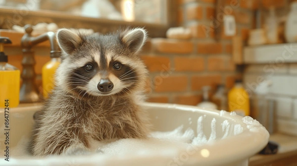 Fototapeta 泡だらけのアライグマ