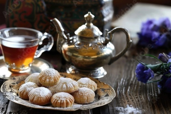 Fototapeta A tea set with a teapot and a cup of tea sits on a wooden table