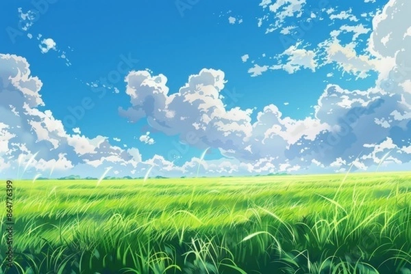 Fototapeta Beautiful digital painting of a vast green field under a bright blue sky with white fluffy clouds. Concept of nature, landscape, summer, and peace.